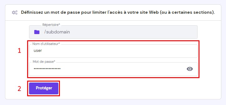 Hostinger : formulaire de protection par mot de passe avec nom d’utilisateur et mot de passe, bouton Protéger