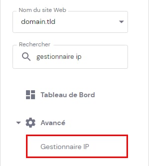 H&eacute;bergement Hostinger : option Gestionnaire IP mise en &eacute;vidence dans le menu Avanc&eacute;