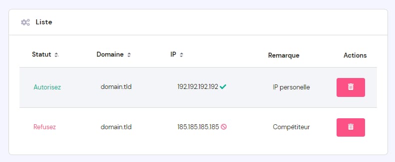 Liste d&rsquo;adresses IP avec une entr&eacute;e autoris&eacute;e et une entr&eacute;e refus&eacute;e, et ic&ocirc;nes de suppression &agrave; droite