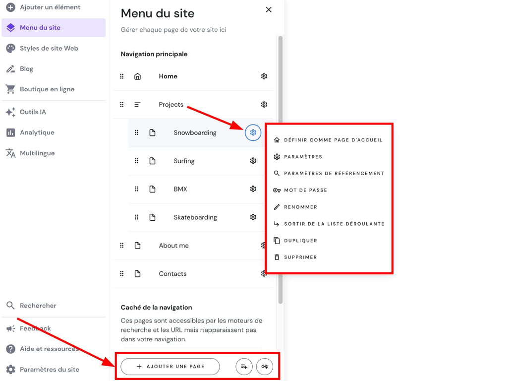 Menu du site Hostinger, bouton &laquo; Ajouter une page &raquo; mis en &eacute;vidence en bas du panneau droit