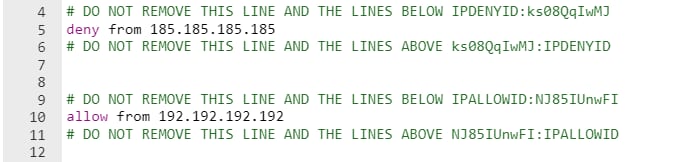 Fichier de configuration Hostinger avec l&rsquo;adresse IP 192.192.192.192 mise en &eacute;vidence pour autoriser ou bloquer l&rsquo;acc&egrave;s