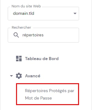 Hostinger : option « Répertoires protégés par mot de passe » dans le menu Avancé