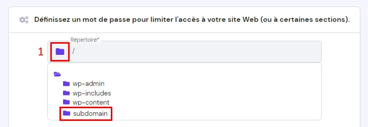 Hostinger : sélection du dossier subdomain pour protéger un site par mot de passe
