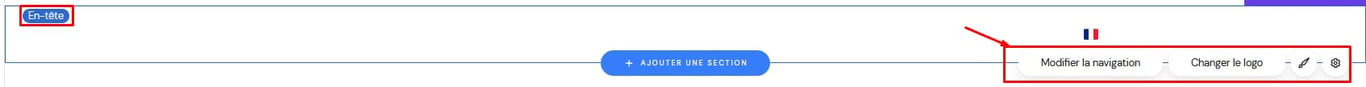 Créateur de sites Hostinger : menu de navigation, logo et icônes de réglages en haut à droite