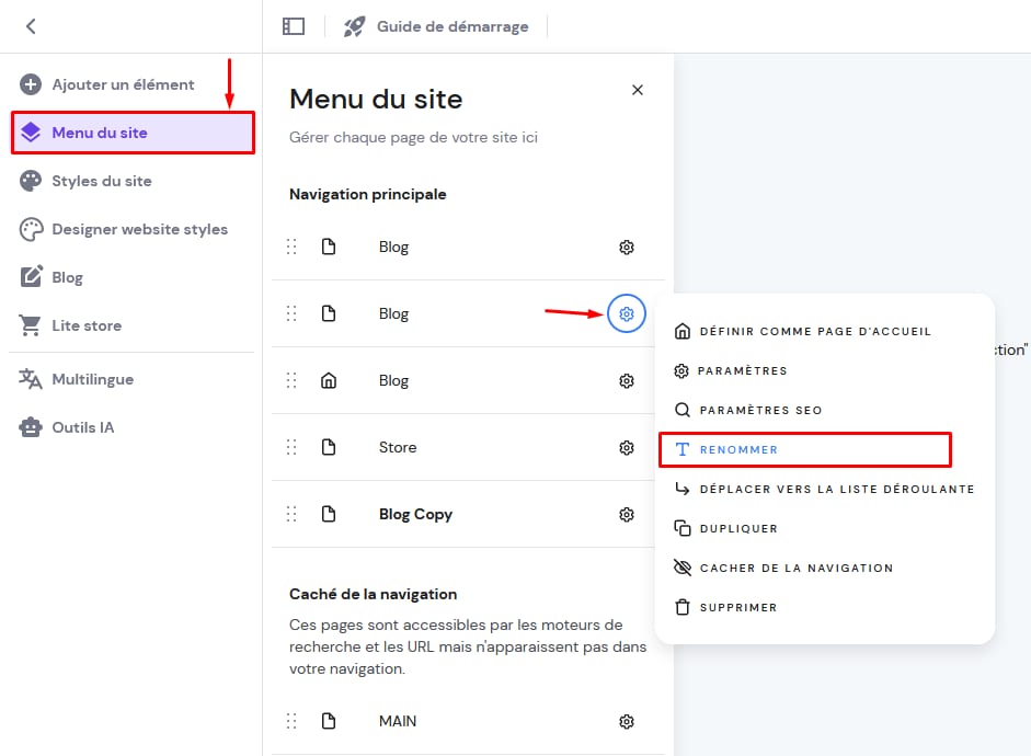 Hostinger cr&eacute;ateur de sites web : menu du site ouvert, option Renommer mise en &eacute;vidence dans le menu contextuel
