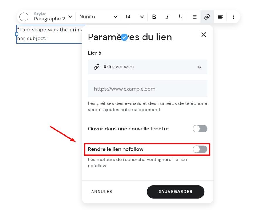 Hostinger cr&eacute;ateur de sites : option &laquo; Rendre le lien nofollow &raquo; dans les param&egrave;tres du lien