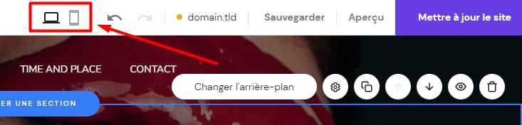 Ic&ocirc;nes d&rsquo;aper&ccedil;u ordinateur et mobile du cr&eacute;ateur de site Hostinger, encadr&eacute;es en rouge