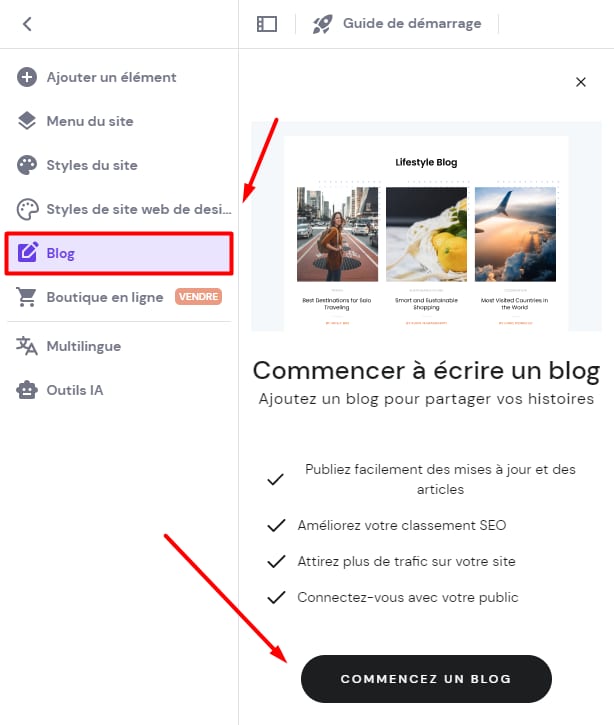 Menu Hostinger avec l&rsquo;onglet Blog s&eacute;lectionn&eacute; et le bouton Commencez un blog mis en avant