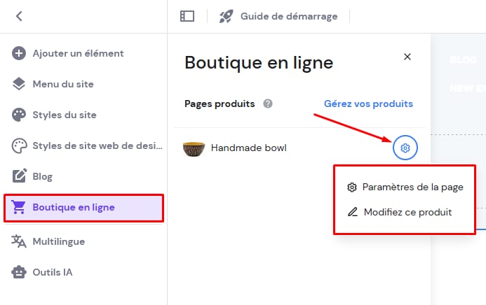 Boutique en ligne : menu de r&eacute;glages du produit avec param&egrave;tres de la page et modifier ce produit