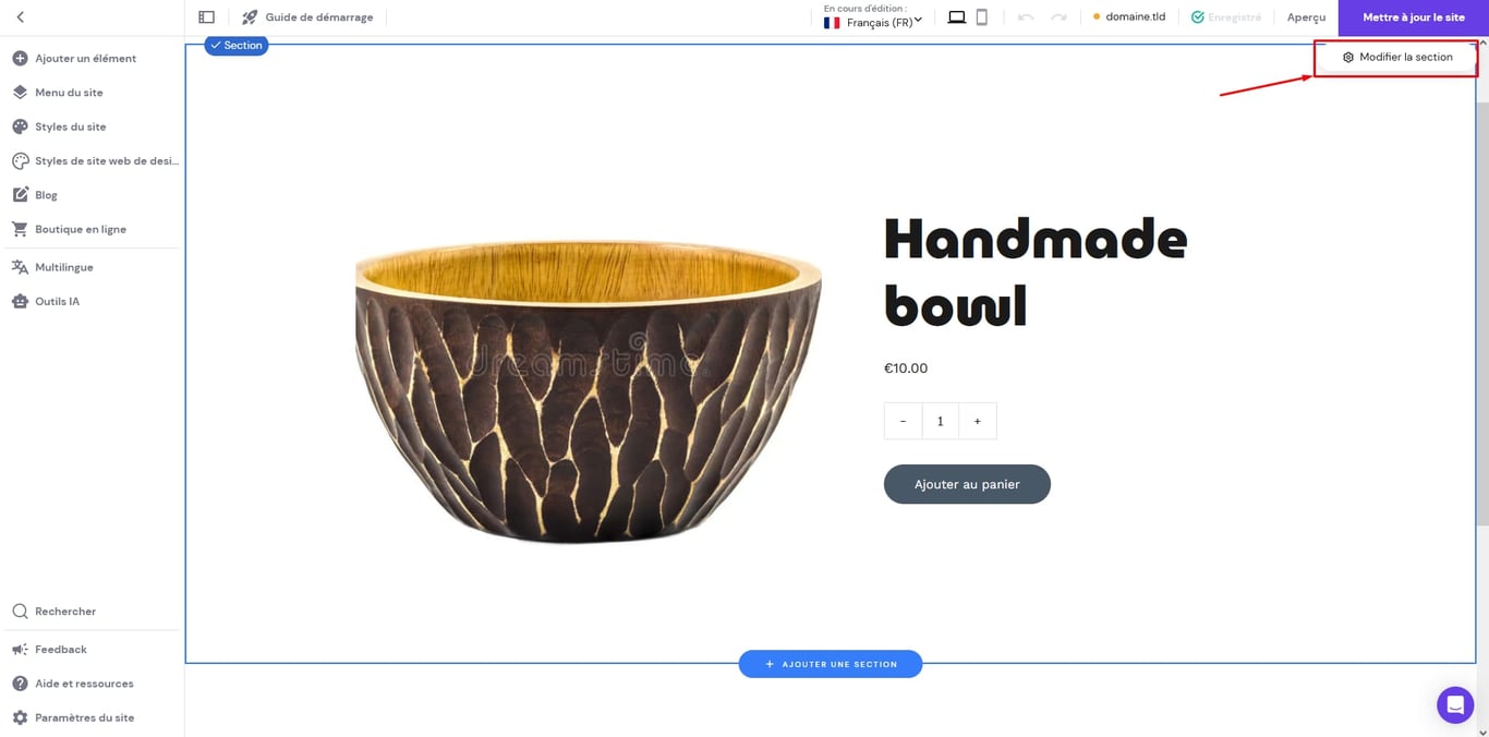 Bowl artisanal, bouton &laquo; Modifier la section &raquo; mis en &eacute;vidence