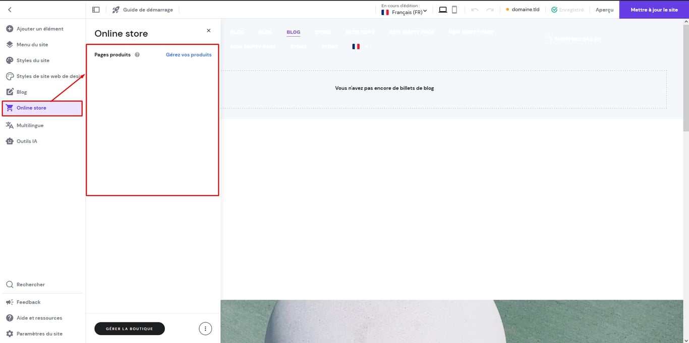 Boutique en ligne&nbsp;: pages produits et menu Online store mis en &eacute;vidence