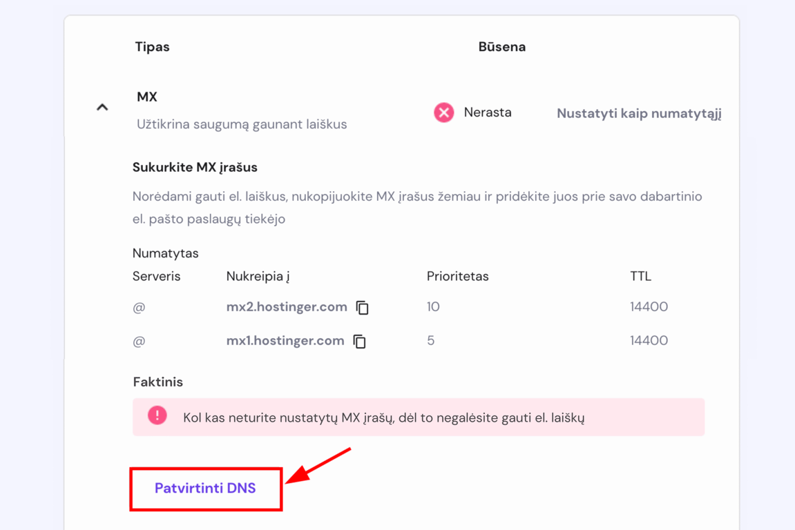 Hostinger el. pa&scaron;to DNS nustatymuose pažymėtas mygtukas &bdquo;Patvirtinti DNS&ldquo;