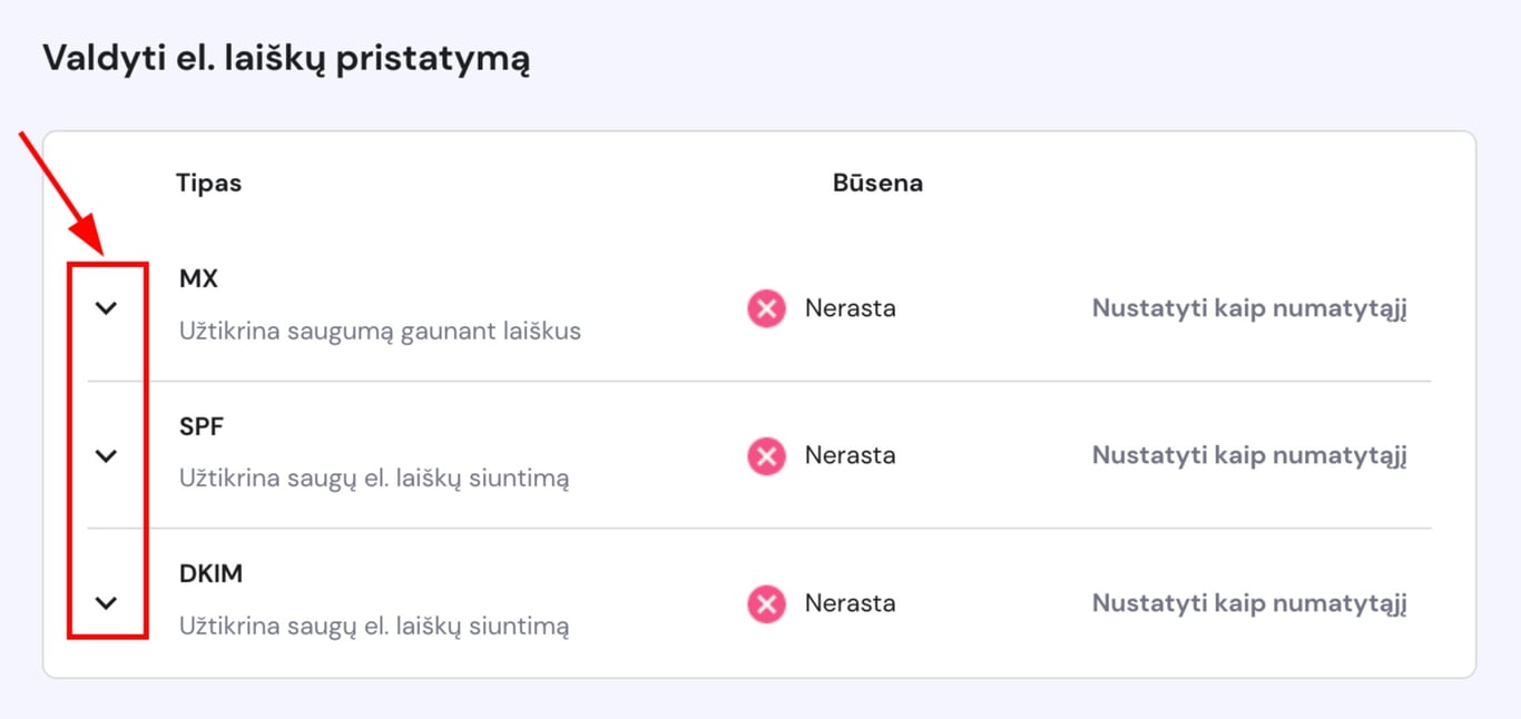 Hostinger el. pa&scaron;to DNS nustatymai: i&scaron;skleidimo rodyklė prie MX įra&scaron;o suknįsta raudonai pažymėta