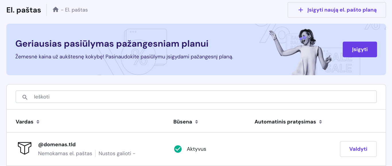 El. pa&scaron;to paskyrų sąra&scaron;as su pary&scaron;kintu mygtuku &bdquo;Valdyti&ldquo; prie @domenas.tld