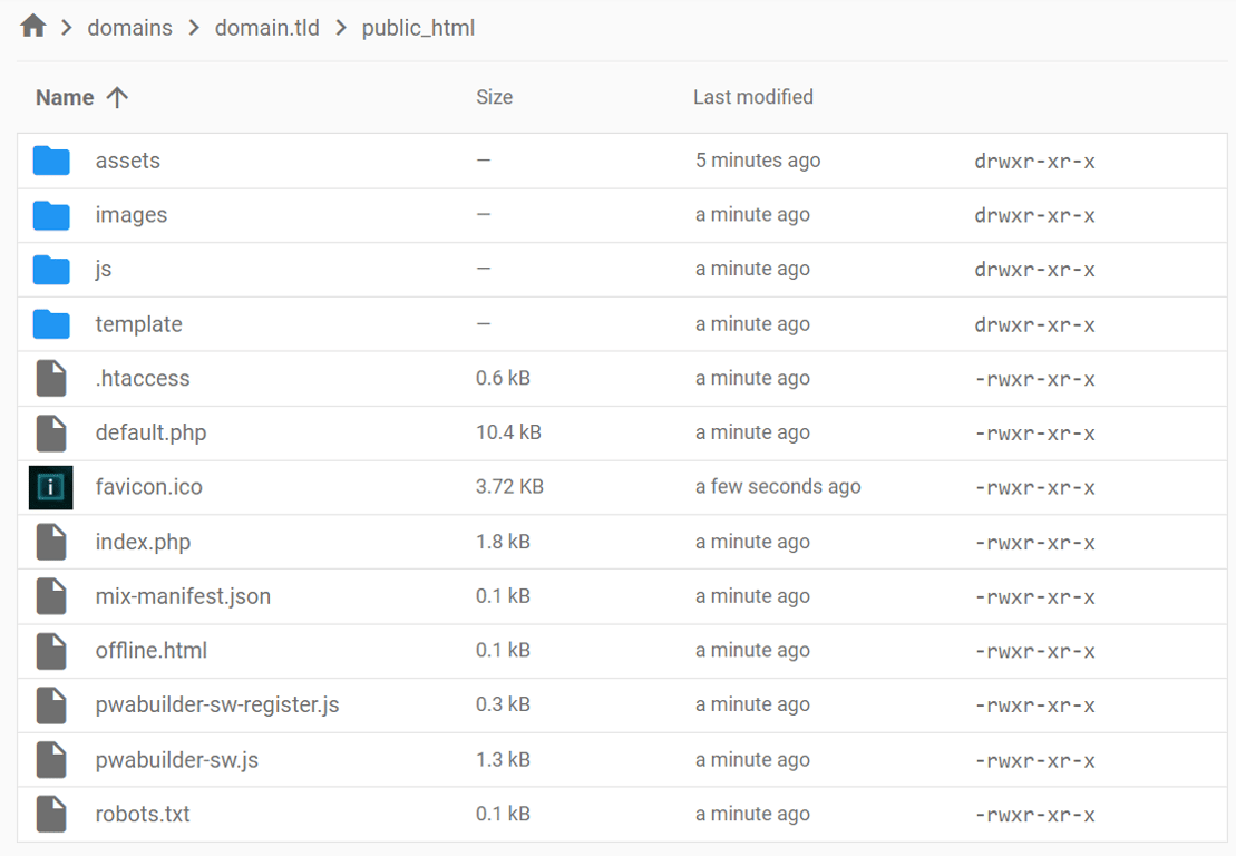 Hostinger failų tvarkyklėje paryškintas favicon.ico failas public_html aplanke