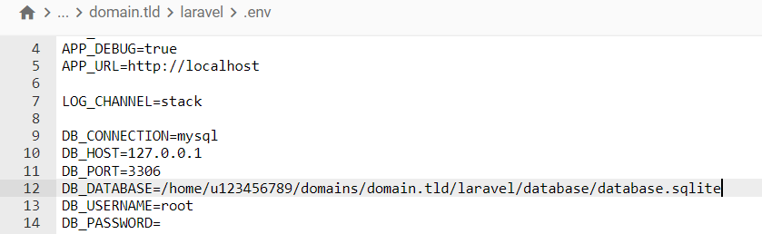 Laravel .env faile paryškintas DB_DATABASE kelias į database.sqlite filesystem konteinerį