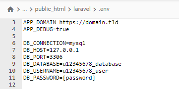 .env failas Hostinger failų tvarkyklėje su pažymėtu APP_DOMAIN ir DB nustatymų sąrašu