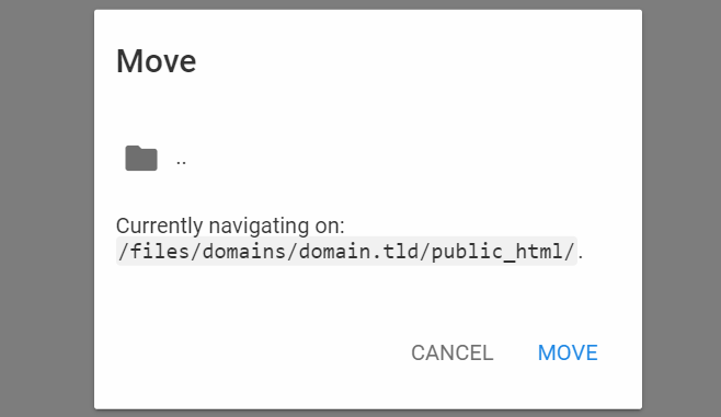 Hostinger failų tvarkyklės „Move“ langas su pažymėtu public_html aplanku kurti perkėlimui