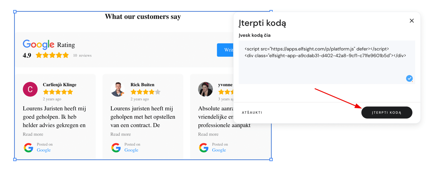 Įterpti kodą langas su paryškintu mygtuku ĮTERPTI KODĄ