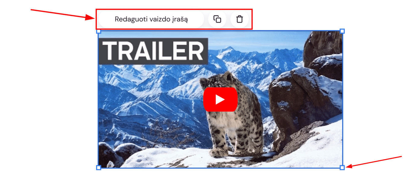 Vaizdo įra&scaron;o redagavimo mygtukas su kopijavimo ir &scaron;iuk&scaron;linės ikonėlėmis, pažymėtas vaizdo blokas su &bdquo;TRAILER&ldquo; žyma