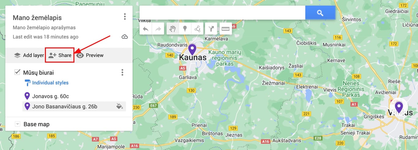 Žemėlapio elemente pary&scaron;kintas &bdquo;Share&ldquo; mygtukas su bendrinimo piktograma