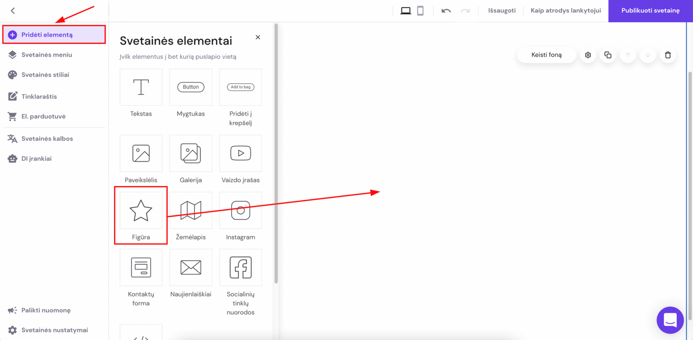 Svetainių kūrimo įrankyje pažymėtas &bdquo;Pridėti elementą&ldquo; ir figūros blokas su žvaigždute