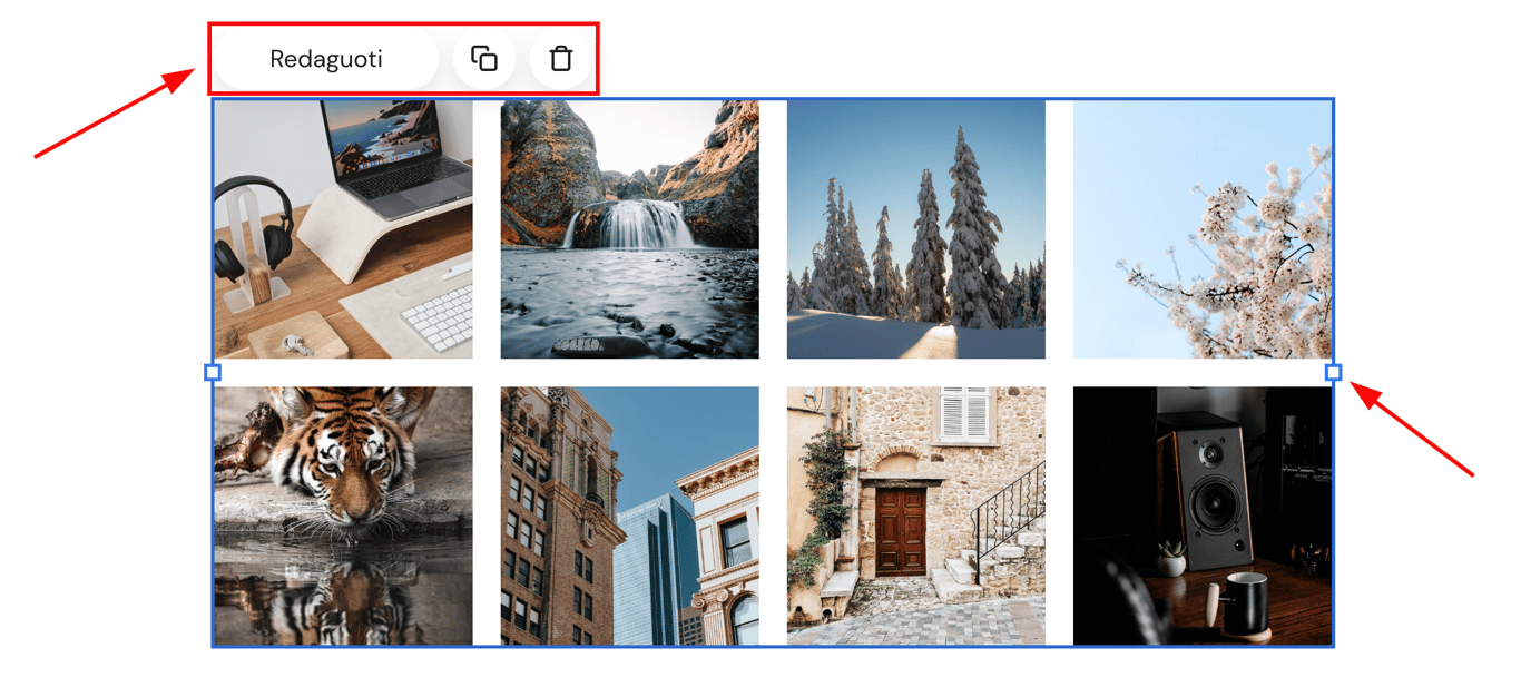 Instagram elemento redagavimo meniu su pary&scaron;kintu mygtuku &bdquo;Redaguoti&ldquo; ir kopijavimo bei trynimo piktogramomis