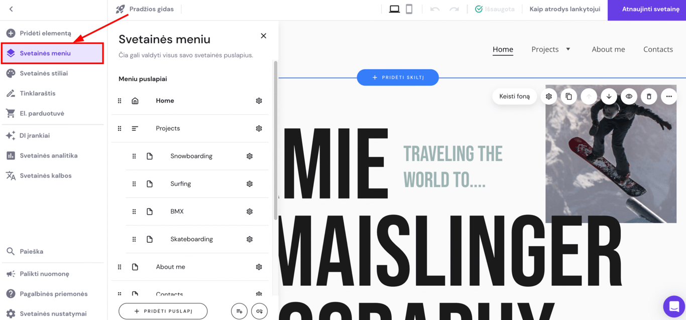 Hostinger svetainių kūrimo įrankyje pažymėtas &bdquo;Svetainės meniu&ldquo; nustatymas &scaron;oninėje juostoje