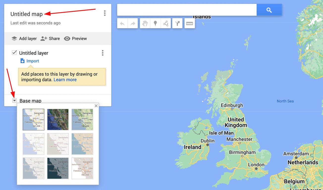 Žemėlapio elemento sąsaja su pažymėtu &bdquo;Base map&ldquo; i&scaron;skleidimo meniu