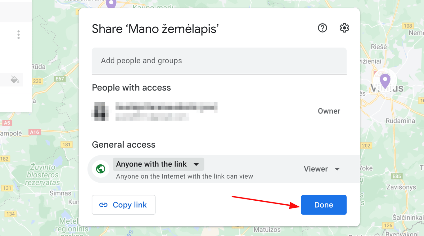 Google Maps bendrinimo langas su pary&scaron;kintu mygtuku &bdquo;Done&ldquo;