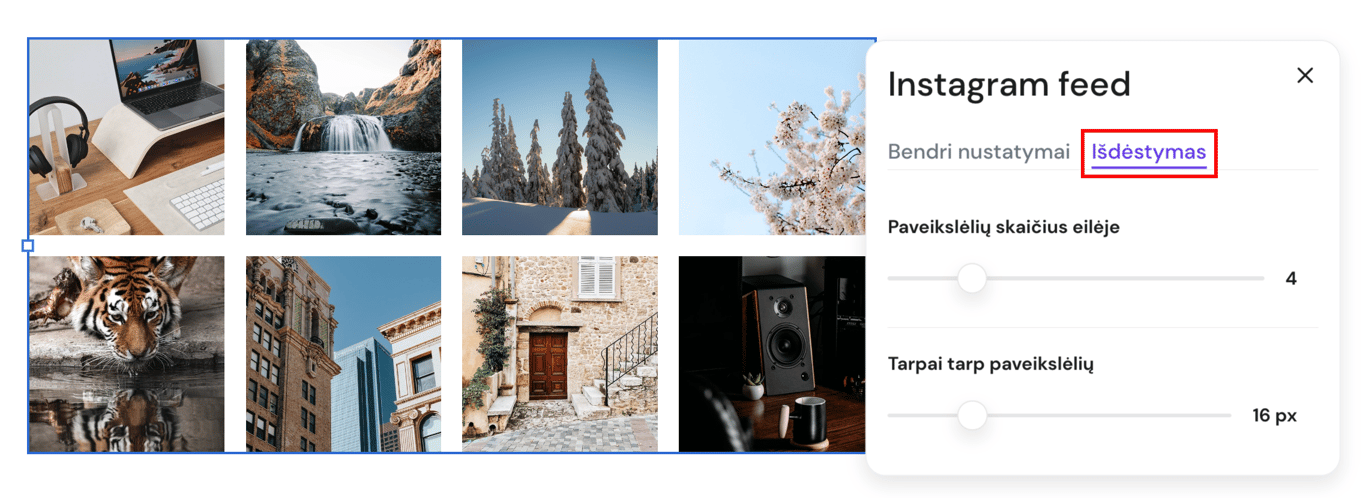 Instagram srauto i&scaron;dėstymo skirtukas pažymėtas nustatymų lange