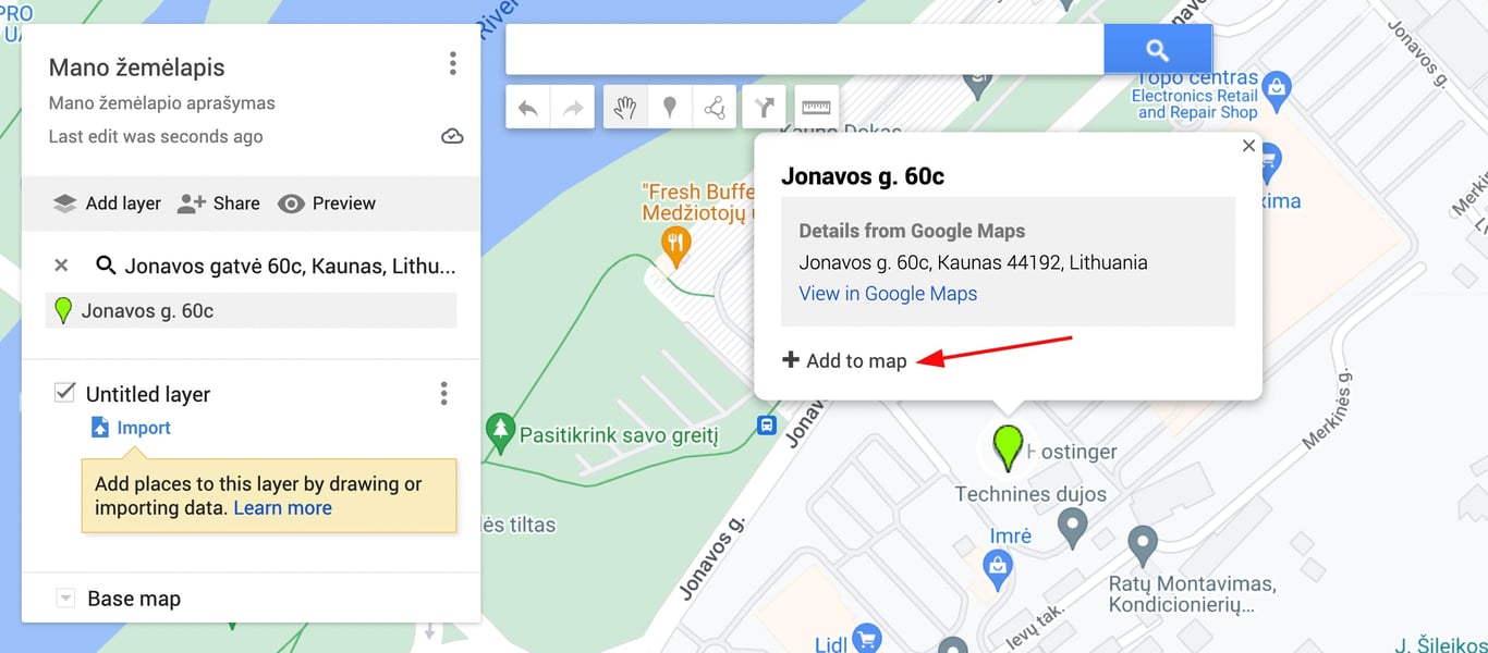 Hostinger žemėlapio elementas su pažymėtu &bdquo;Add to map&ldquo; mygtuku ir adresu Jonavos g. 60c, Kaunas