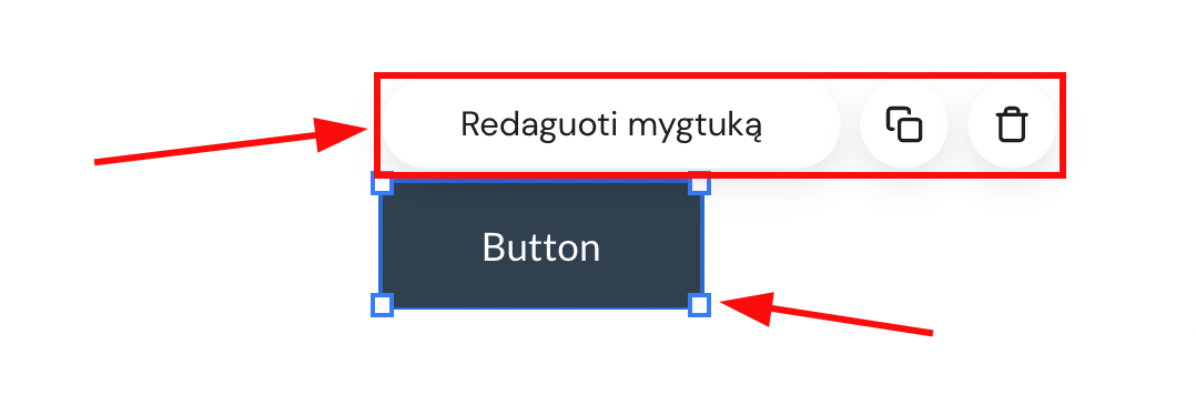 Hostinger svetainių kūrimo įrankyje pažymėtas mygtukas &bdquo;Button&ldquo; su redagavimo įrankių juosta