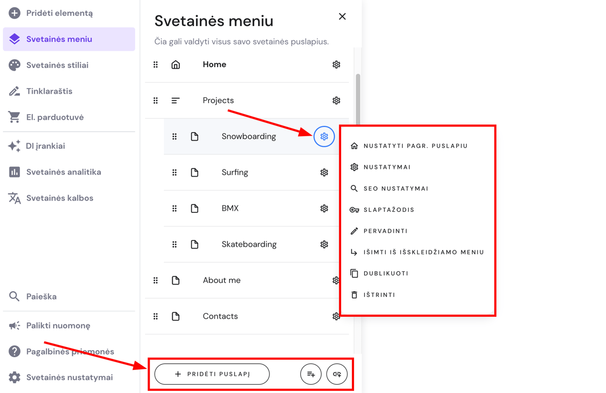 Hostinger svetainių kūrimo įrankis: pažymėtas &bdquo;Nustatymai&ldquo; krumpliaračio mygtukas prie meniu punkto paskyroje