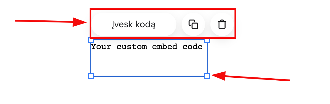 Hostinger svetainių kūrimo įrankio kodo įterpimo blokas su mygtuku „Įvesk kodą“ and pažymėtu laukeliu