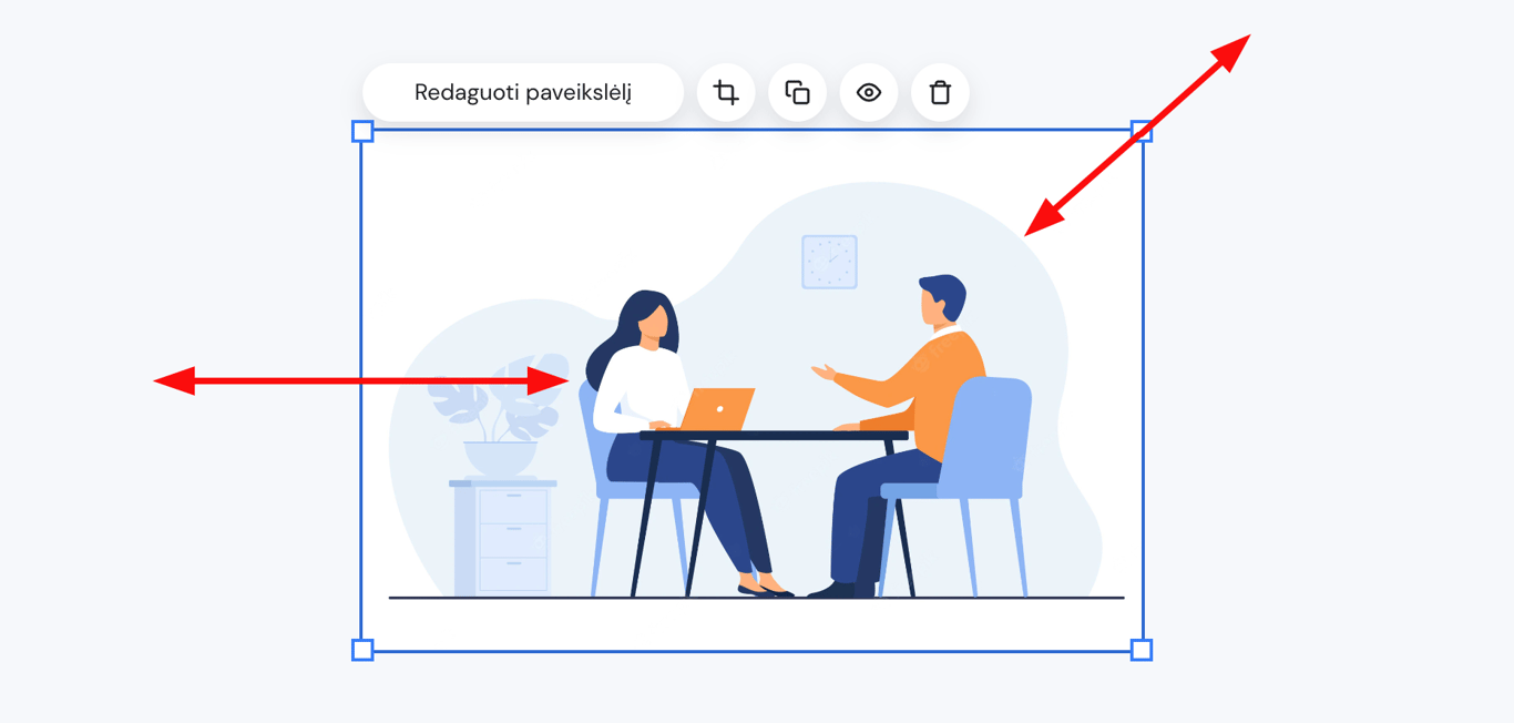 Hostinger svetainių kūrimo įrankyje pažymėtas paveikslėlis su tempimo rankenėlėmis dydžiui keisti
