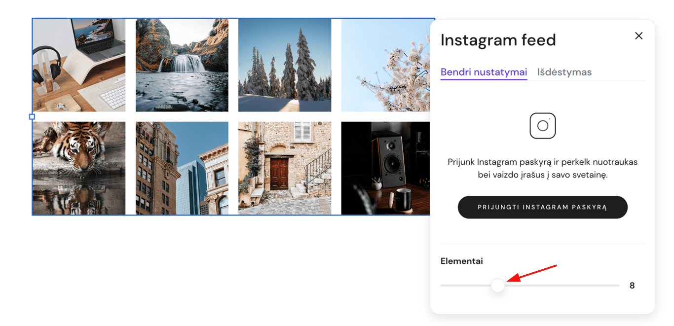Instagram elemento slankiklis &bdquo;Elementai&ldquo; su pažymėtu valdikliu atidarytame lange