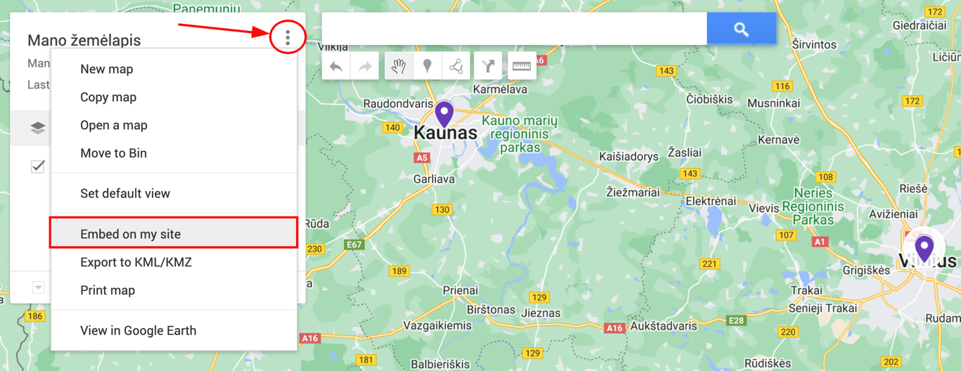 Google Maps: pary&scaron;kinta parinktis &bdquo;Embed on my site&ldquo; meniu juostoje