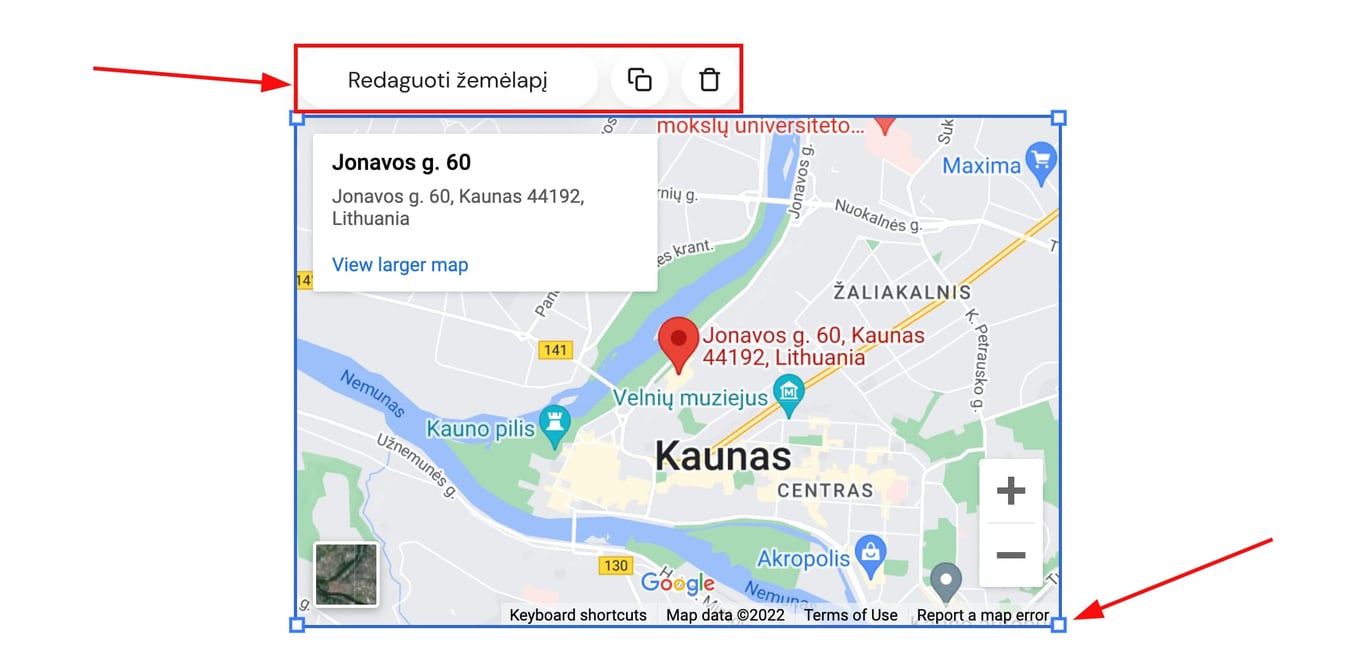 Žemėlapio elemento redagavimo mygtukas vir&scaron; Kauno žemėlapio, pažymėtas rėmeliu