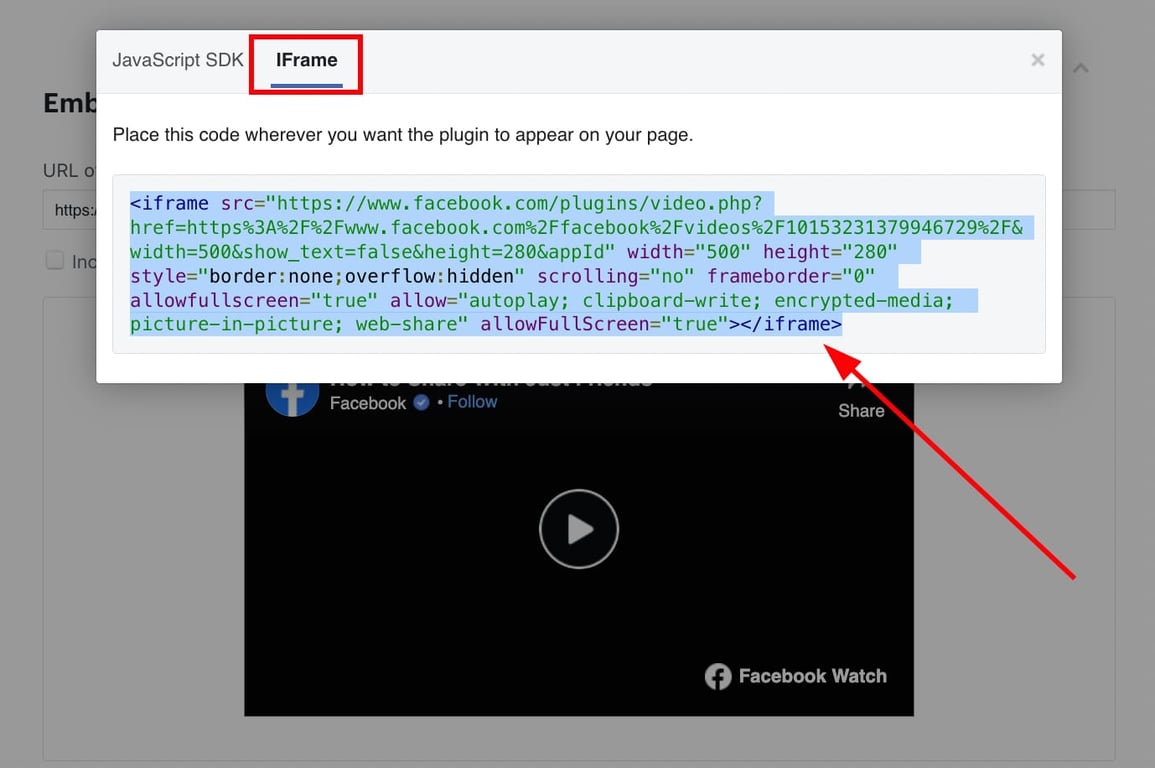 Facebook įterpimo langas, pažymėta &bdquo;IFrame&ldquo; skiltis ir įterpimo kodas