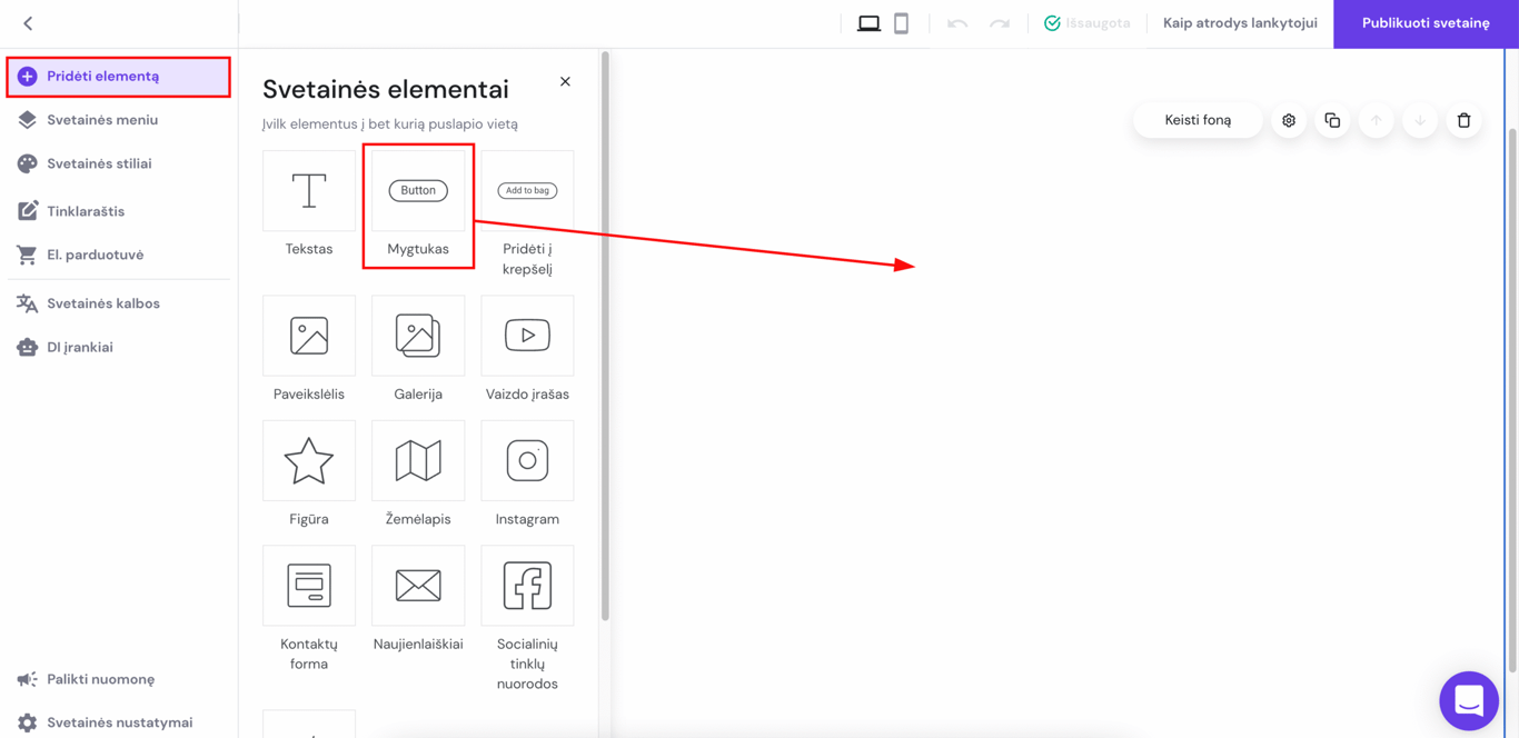 Hostinger svetainių kūrimo įrankyje pažymėtas mygtuko elementas &bdquo;Pridėti elementą&ldquo; meniu skydelyje