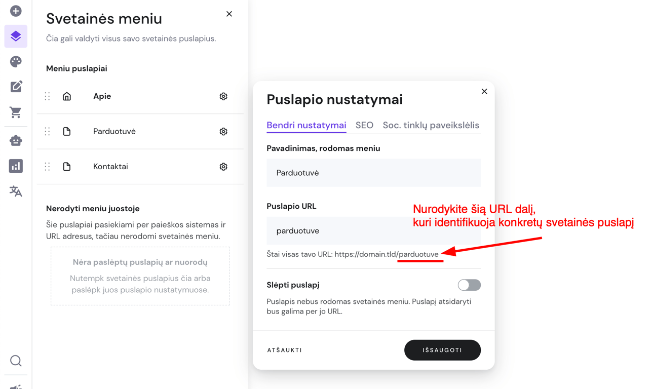 Hostinger svetainės puslapio URL dalies laukas „parduotuve“ puslapio nustatymuose