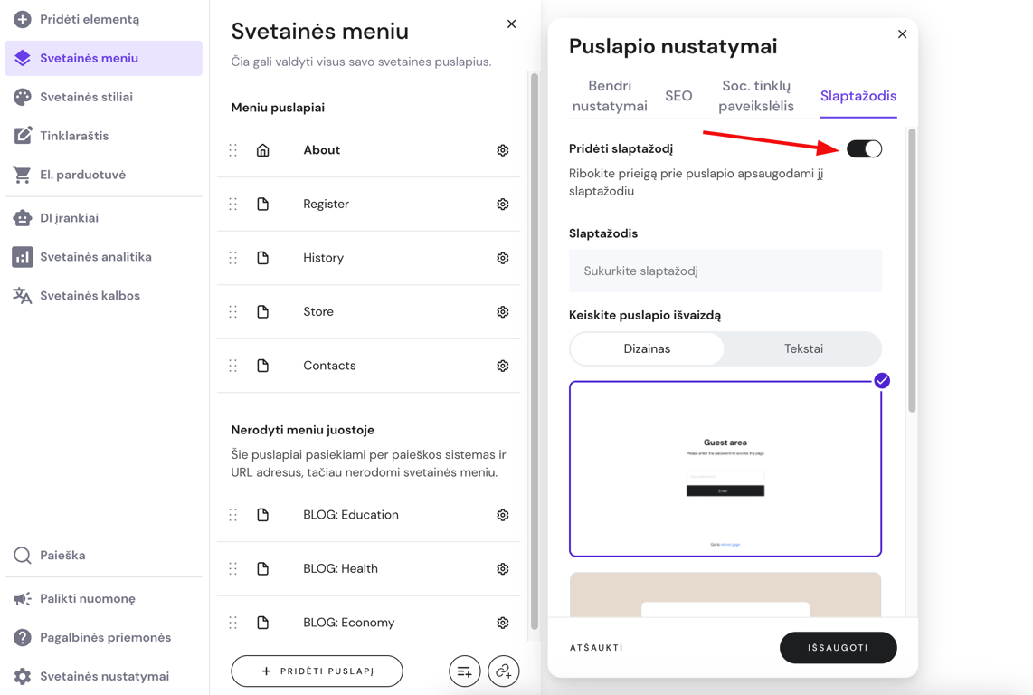 Svetainių kūrimo įrankis: puslapio nustatymuose įjungiamas slaptažodžio perjungiklis