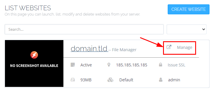 CyberPanel svetainės sąraše paryškintas „Manage“ mygtukas prie domain.tld svetainės