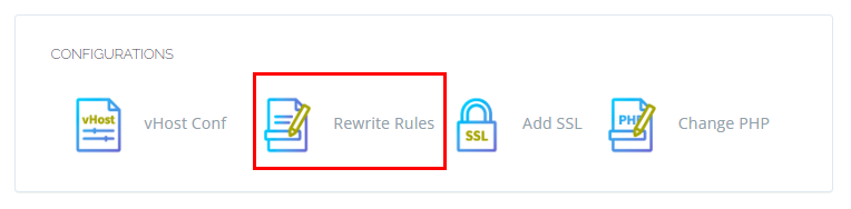 CyberPanel konfigūracijų skiltyje paryškintas „Rewrite Rules“ mygtukas