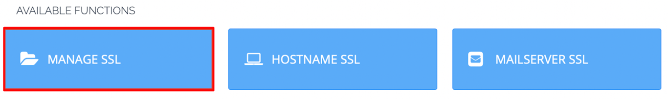 CyberPanel funkcija „Manage SSL“ paryškinta mėlyname meniu plytelių sąraše
