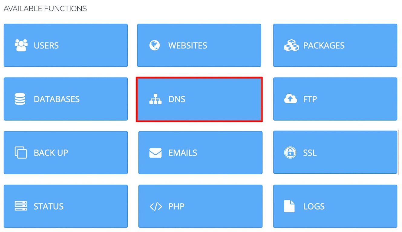 CyberPanel funkcijų meniu, paryškintas DNS blokas