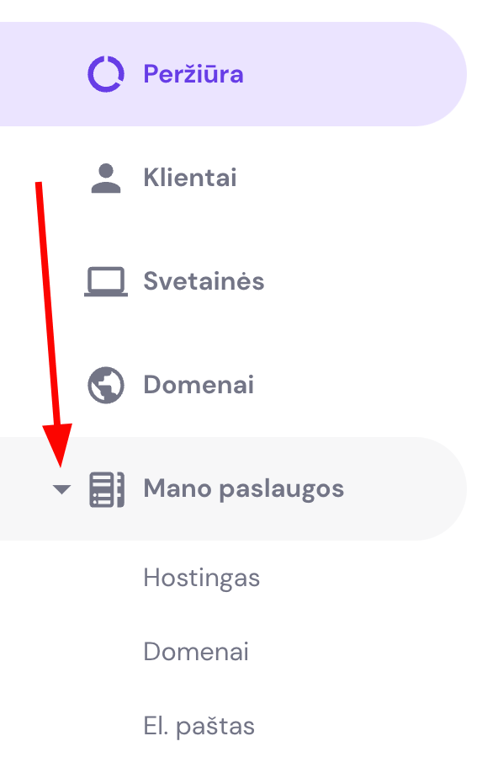 Hostingo paslaugų meniu rodyklė prie „Mano paslaugos“