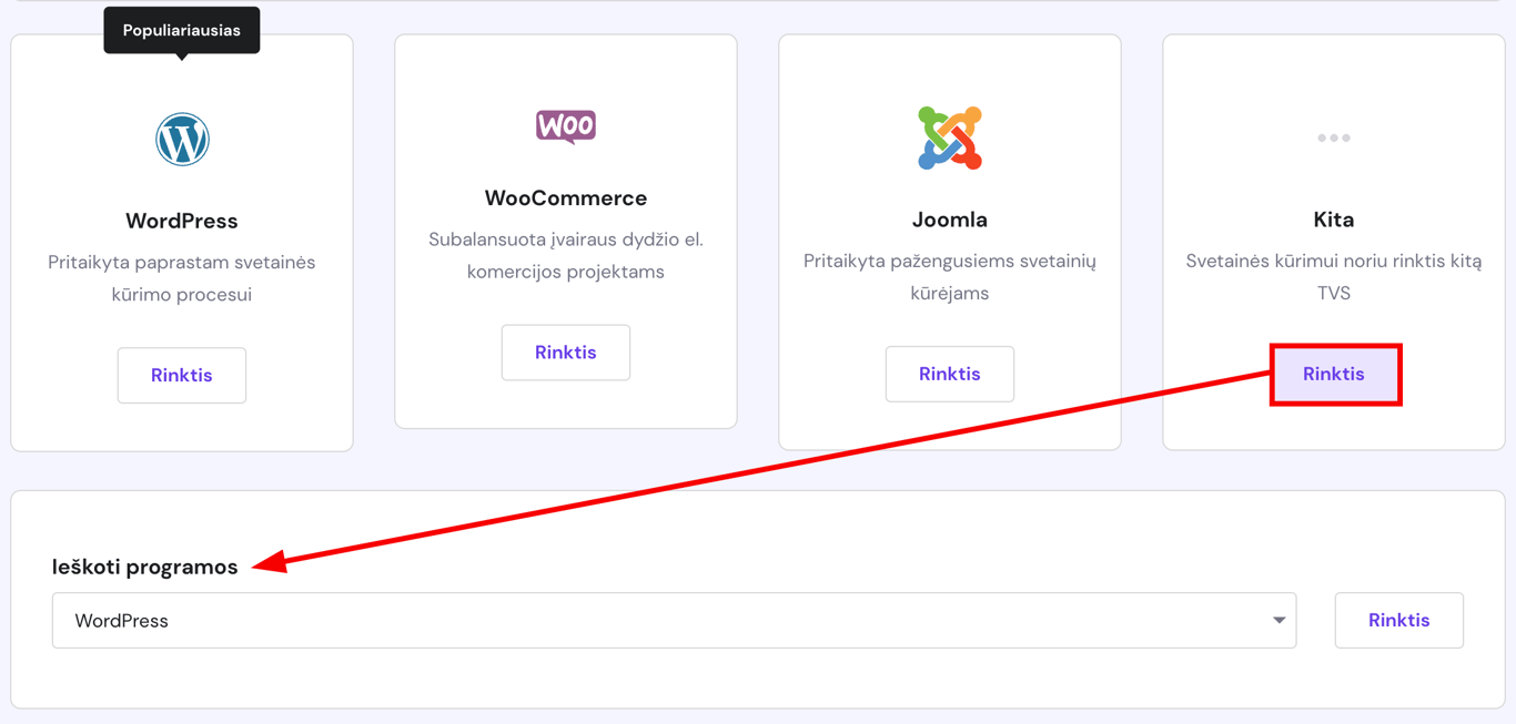 Kita TVS kortelė ir mygtukas „Rinktis“; apačioje „Ieškoti programos“ lauke pasirinktas WordPress