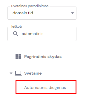 Hostinger svetainės meniu paryškinta „Automatinis diegimas“ parinktis